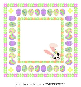Easter eggs wreath, frame, border with copy space. Happy Easter spring holiday greeting card, invitation, poster, banner design element, vector illustration.