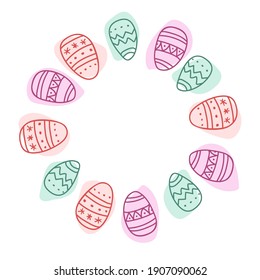 Easter eggs Wreath. Pastel frame with place for date, photo, text. Easter eggs with ornaments in circle shape. Sublimation print for clothing, family holiday decor, greeting card, banner, invitation.