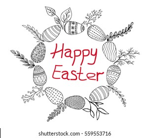 Easter eggs and wreath of twigs on white background. Hand drawn frame. Easter eggs in doodle style. vector illustration.