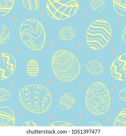 Easter eggs in yellow outline and pink dots random on pastel blue background. Cute hand drawn seamless pattern design for Easter festival in vector illustration.