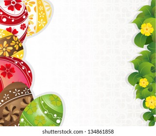  Easter eggs and yellow wildflowers on a beige background