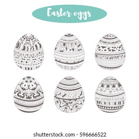 Easter eggs. Zentangle style. Coloring book for adult, antistress coloring pages. Hand drawn vector isolated illustration on white background. Sketch