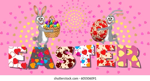 Easter eggs,egg  bunny rabbit hunter with Easter Wicker basket full of decorated Easter eggs on heart background . Happy Easter hunt  greeting  card. Vector illustration.
