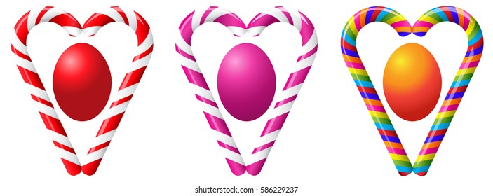 Easter eggs,egg hunter eggs and sweet candy lollipop isolated white background,icons set.Happy Easter hunt card.Vector illustration