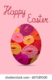 Easter eggs,egg,Lips.Kiss.Mouth.Smile.Easter egg with lips,kiss print pattern on pink background.Happy Easter card,background.Happy Easter handwritten text.Vector illustration