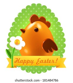 Easter egg-shaped orange chick with white flower and banner over light green dotted festooned festive background