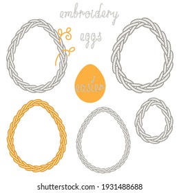 Easter eggs.Isolated drawing. Stylization of embroidery, knitting, sewing, needlework. Outline of the eggs with pigtails. To decorate a religious holiday.Church items.