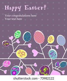 Easter eggs-leaves card on flower grey background