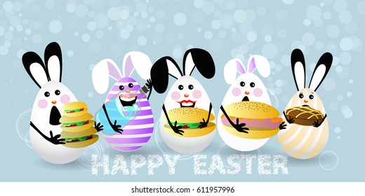 Easter. Eggs-rabbits are funny with faces illustration for your design. Food fast burgers and big poppies.