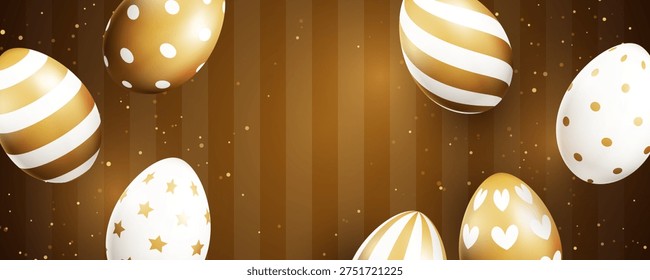 Easter elegant background with white and golden decorative eggs. 3d holiday backdrop template with empty space
