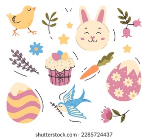 Easter element collection. Set of colorful eggs, branches and brush. Bunny, carrot and Easter cake. Spring traditional holiday. Cartoon flat vector illustrations isolated on white background