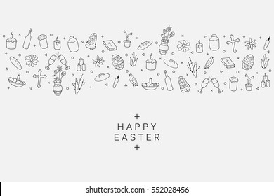 Easter element icons - banner background in doodle style. Hand drawn illustration.