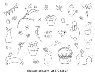 Easter element set. Bunny, eggs, spring. Happy Easter. Line art vector. Doodle style