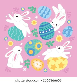 Easter element set with cute rabbit eggs vector illustration