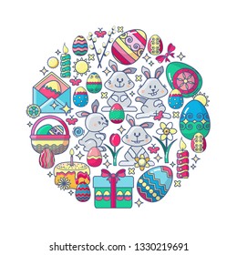 Easter elements arranged in circle. Vector card in flat design. Colorful Icon set isolated on white. Included Bunny, gift, egg, candle, flower and cake.