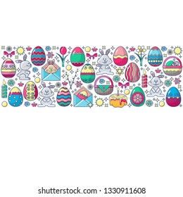 Easter elements arranged in circle. Vector card in flat design. Colorful Icon set isolated on white. 