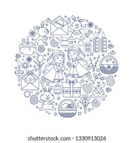 Easter elements arranged in circle. Vector card in flat design. Outline  Icon set isolated on white. 