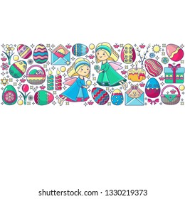 Easter elements arranged in strip. Vector card in flat design. Colorful  Icon set isolated on white. Included Angel, gift, egg, candle, flower and cake.