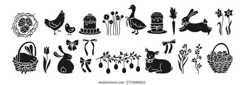 Easter elements black signs silhouettes set. Easter eggs, basket of eggs cakes, rabbit, chicken, goose lamb and flowers. Easter holiday scene festive. Cartoon childish vector for stamp stencil, press
