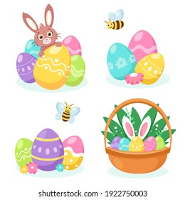 Easter elements: bunny, basket with eggs, easter eggs. Vector illustration