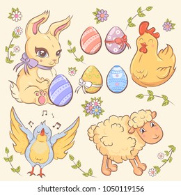Easter elements collection with colored eggs cute rabbit chicken sheep singing bird and flowers isolated vector illustration
