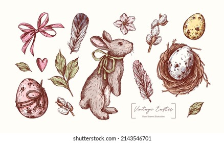 Easter elements collection in engraving style. Rabbit, Easter eggs spotted, nest with egg, bow, willow, leaves, feathers. Vintage vector hand drawn. Easter illustrations for card, invitations, package