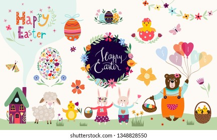 Easter elements collection with floral hearts, cute elements and hand lettering 