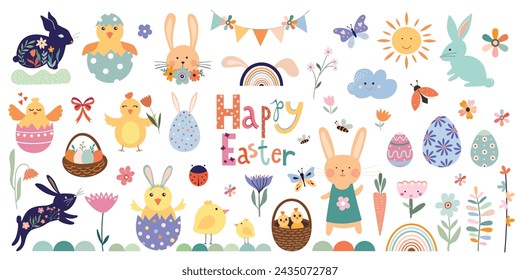 Easter elements collection, seasonal springtime decorations, rabbits, flowers, eggs isolated on white background