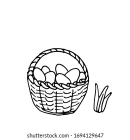 Easter elements, egg basket. Egg hunt. Sketch style hand drawn elements. Stock outline vector illustration, isolated on white background.