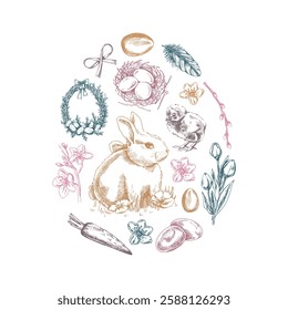 Easter elements grouped in egg shape with rabbit, chick, bow, willow, feathers, eggs, flowers, wreath, and nest

