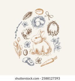 Easter elements grouped in egg shape with rabbit, chick, bow, willow, feathers, eggs, wreath, flowers, and carrot