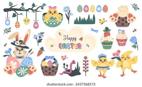 Easter elements isolated. Set of cute funny animals, characters, decoration for celebration. Easter bunny, chickens, basket with hare feet, painted eggs on branch, cake. Holiday decorations. Vector 