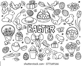 Easter elements line art style vector illustration. Colorless abstract easter design