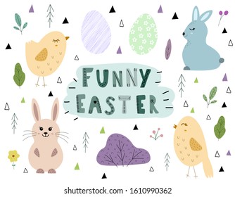 Easter elements in the Scandinavian style. Birds, rabbits, plants and eggs. Funny easter. Vector illustration for greeting card, invitation.