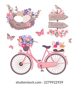 Easter elements set. A bicycle with flowers and a basket with colored eggs and a road bike. road sign with greeting HAPPY EASTER. The nest is with eggs and willow branches. Illustrated vector clipart.