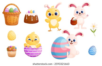 Easter elements set with bunny, chicken, basket of egg and sweets isolated on white. Cartoon cute festive sticker collection.