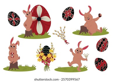 Easter elements set with bunny. Eggs with ornament and hare collection. Holiday vector illustration