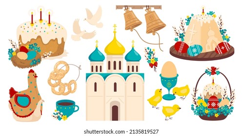 Easter elements set with colored eggs, temple, cake. Vector clipart.