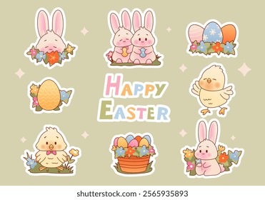 Easter elements set. Cute Kawaii Bunny, Chicken, Eggs and Easter basket. Vector stickers.