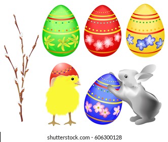 Easter elements. Set of hand drawn isolated vector objects (bunny, painted eggs, chick, willow branch) on white background for Easter decorative design.