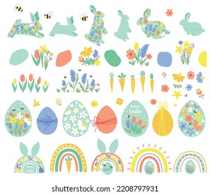 Easter elements set. Happy easter design elements isolated on white. Cute rabbit bunny, carrot, floral eggs. Cute vector collection. Spring easter hunt illustration. Happy Easter symbols, logo, icons