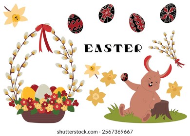 Easter elements set. Spring collection of bunny, flowers and decorations. For poster, card, scrapbooking, stickers