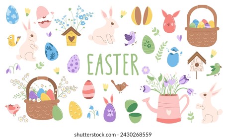 Easter elements set. Spring holiday party collection. Eggs, basket and bunny with flowers. Vector flat illustration.