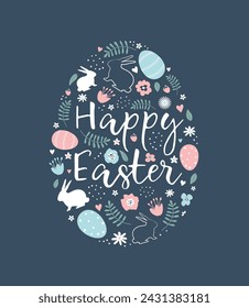 Easter elements in the shape of an egg. Easter bunnies, Easter eggs, flowers, hearts, leaves on blue background. Happy Easter Greeting Card template. Vector illustration