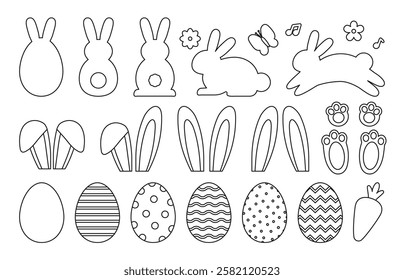Easter elements. Template outline bunny and egg for scrapbooking. Rabbit silhouettes, paws, ears and paint eggs for Easter holiday decoration. Vector kids game paper stickers.