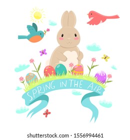 Easter emblem with a rabbit, eggs, birds, flowers. The inscription spring is in the air. Vector graphics.