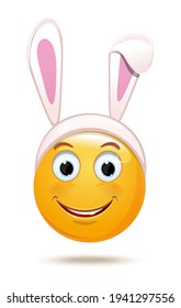 Easter Emoji with False Bunny Ears. Cheerful emoticon. Vector illustration