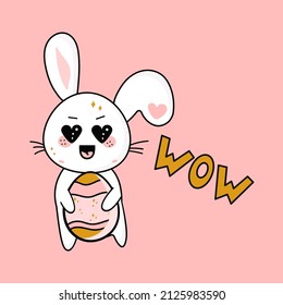easter emotional rabbit in vector cartoon style kawaii with an egg and the inscription wow, vector illustration