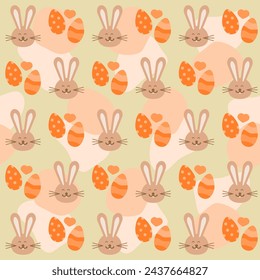 Easter endless and seamless orange and beige pattern featuring easter bunny and eggs. High quality cartoon style flat editable EPS vector file. Background texture.