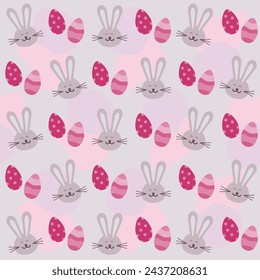 Easter endless seamless pattern featuring easter bunny and easter eggs in pink colors. High quality cartoon style EPS vector file background texture